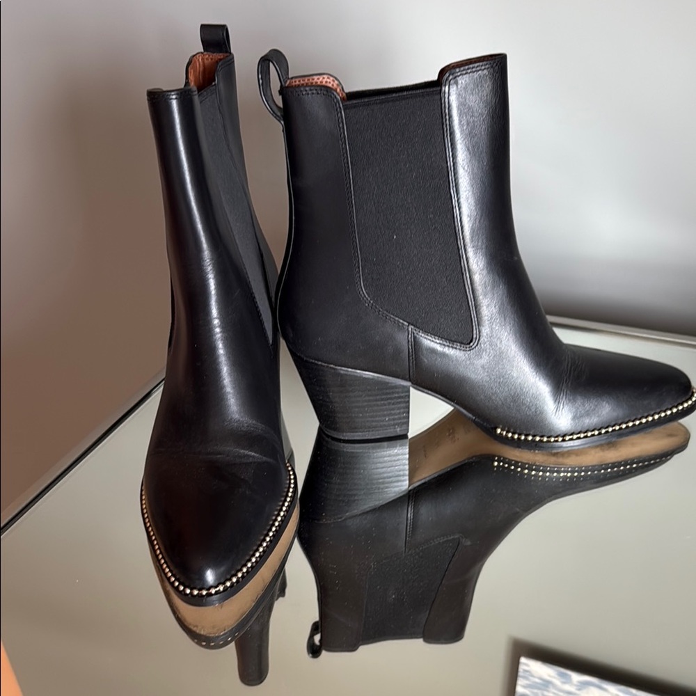 Coach Black Leather Ankle Boots with Stud Trim